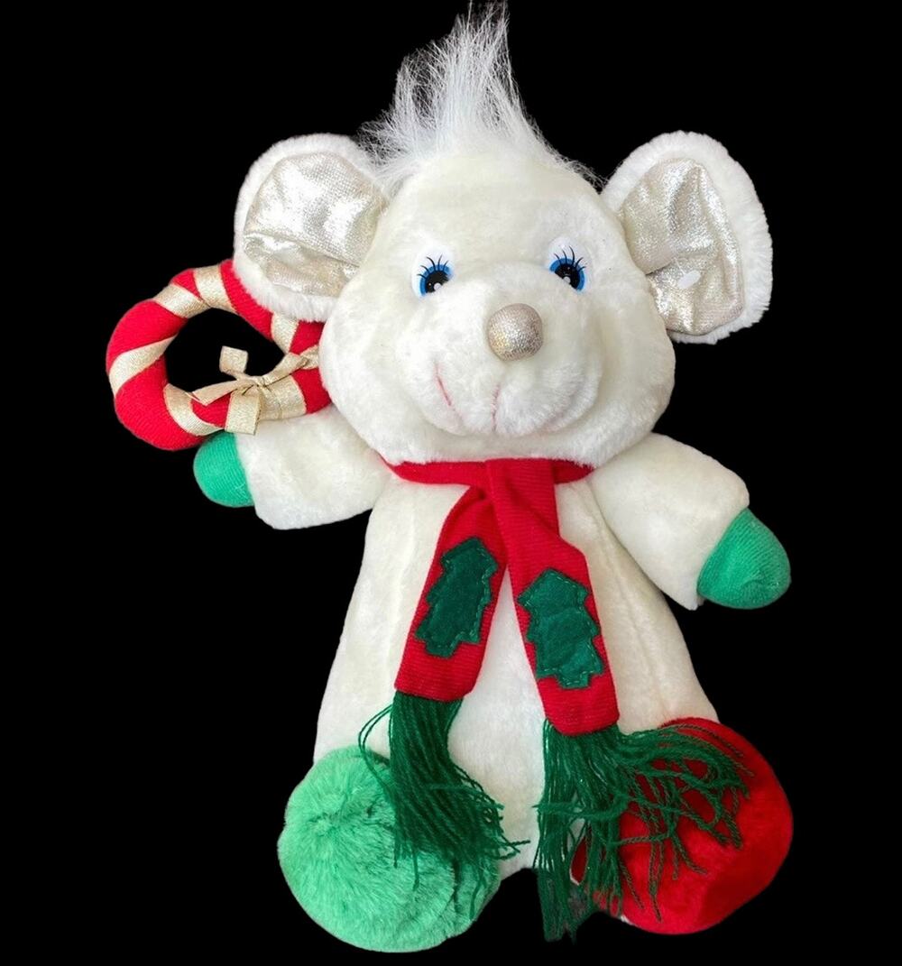 Vintage Christmas Mouse Plush 11" White Red Green Scarf Wreath Stuffed Toy READ